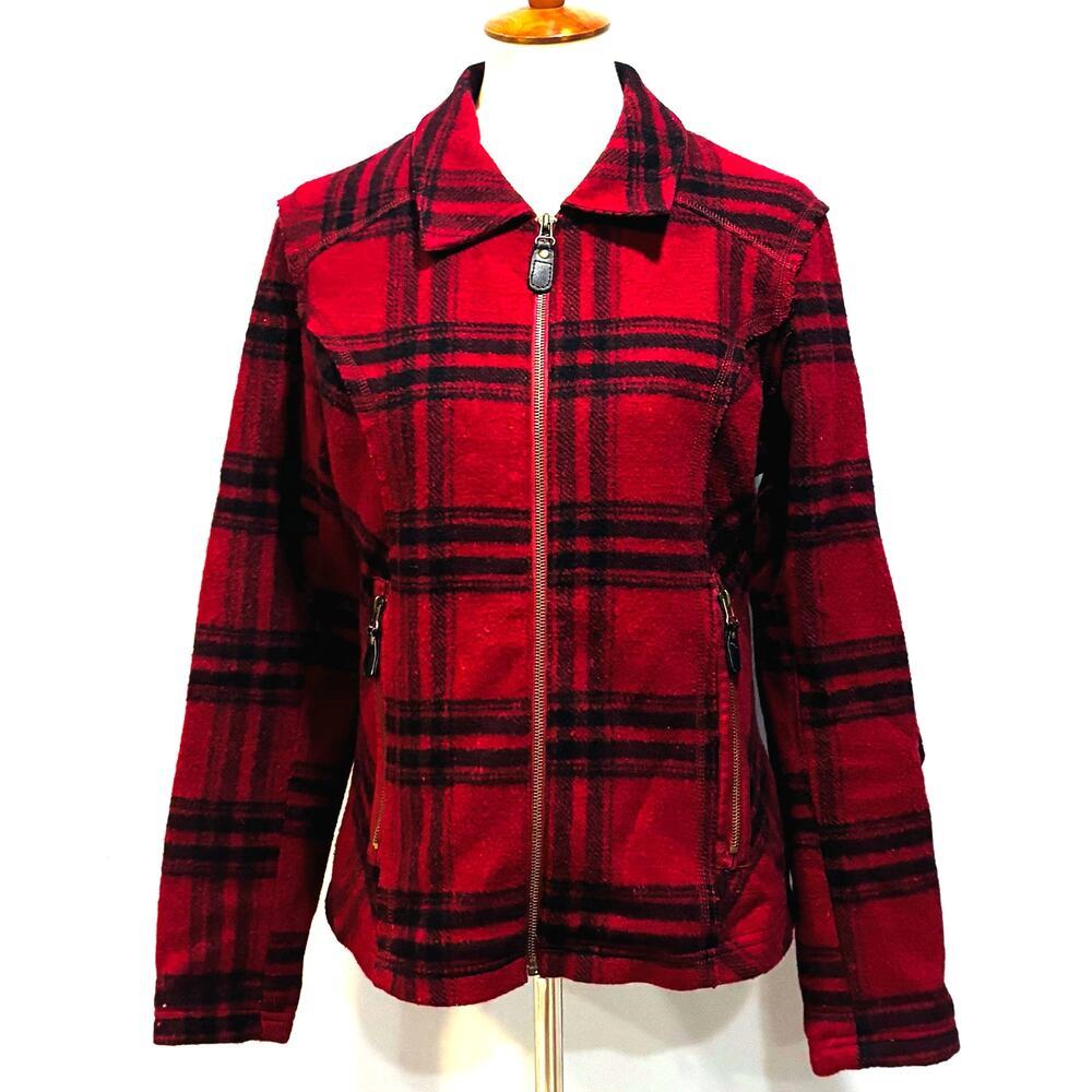 VTG Red Black Buffalo Plaid Fleece Zip Up Jacket Coat Wool Blend, Women's size M